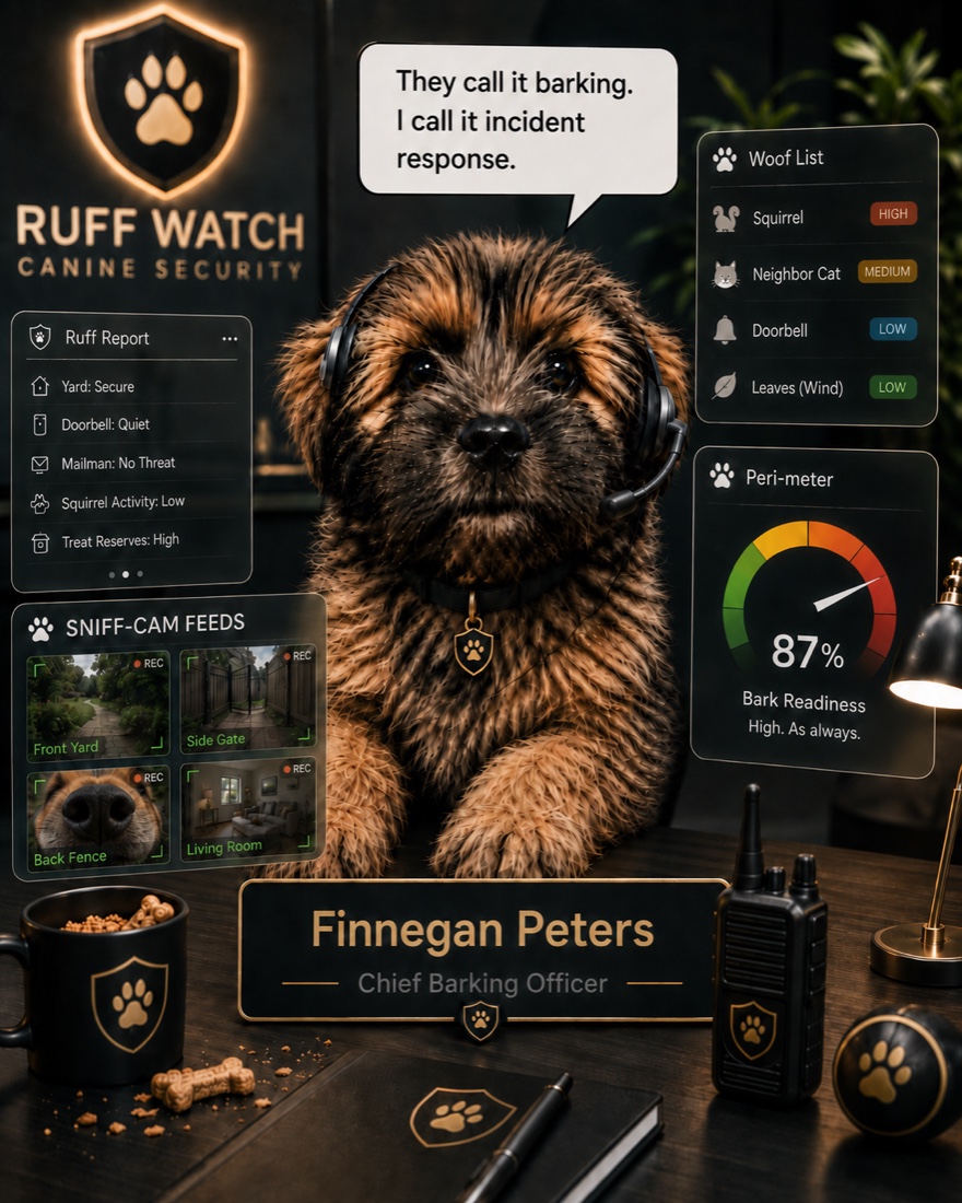Finn’s "Ruff Watch Canine Security" dossier — Ruff Report, Woof List, Sniff-Cam feeds and a 87% bark-readiness meter. Chief Barking Officer: Finnegan Peters.